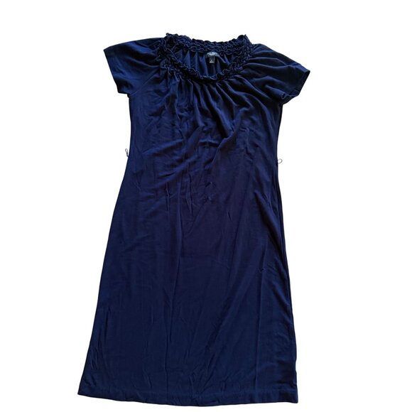 Talbots Petite Size P Small Navy Blue Short Sleeve Midi Dress With Ruffle Neck - Picture 1 of 7
